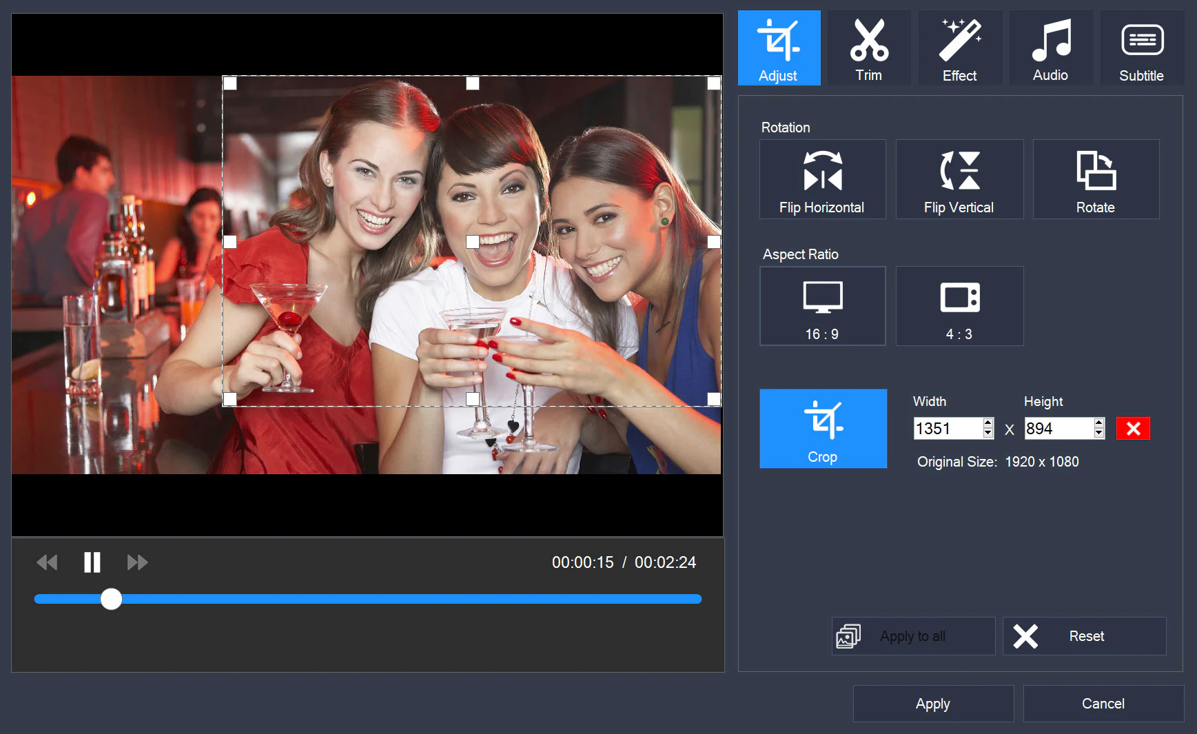 Editor on the Adjust tab with a crop frame on the video, Crop selected, Width and Height fields, and the Apply button