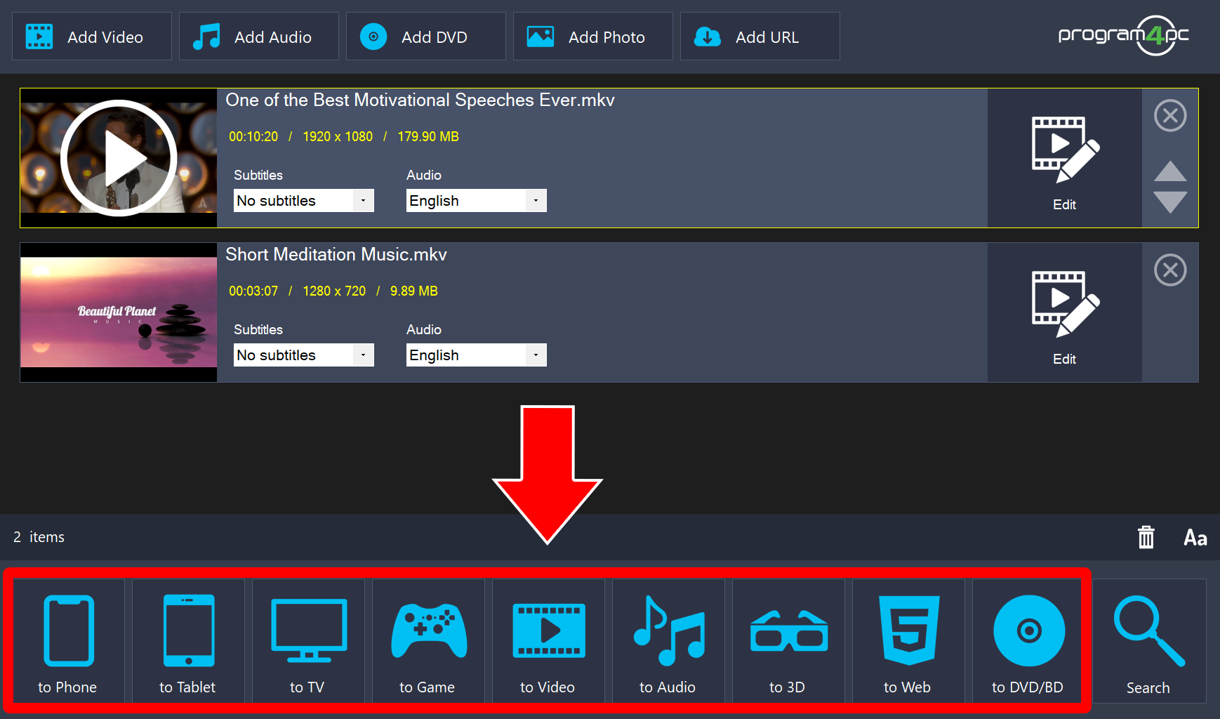Two videos in the list with the row of output buttons, from to Phone to to DVD/BD, highlighted