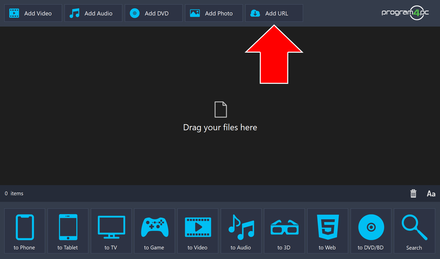 Video Converter Pro with an arrow pointing to the Add URL button