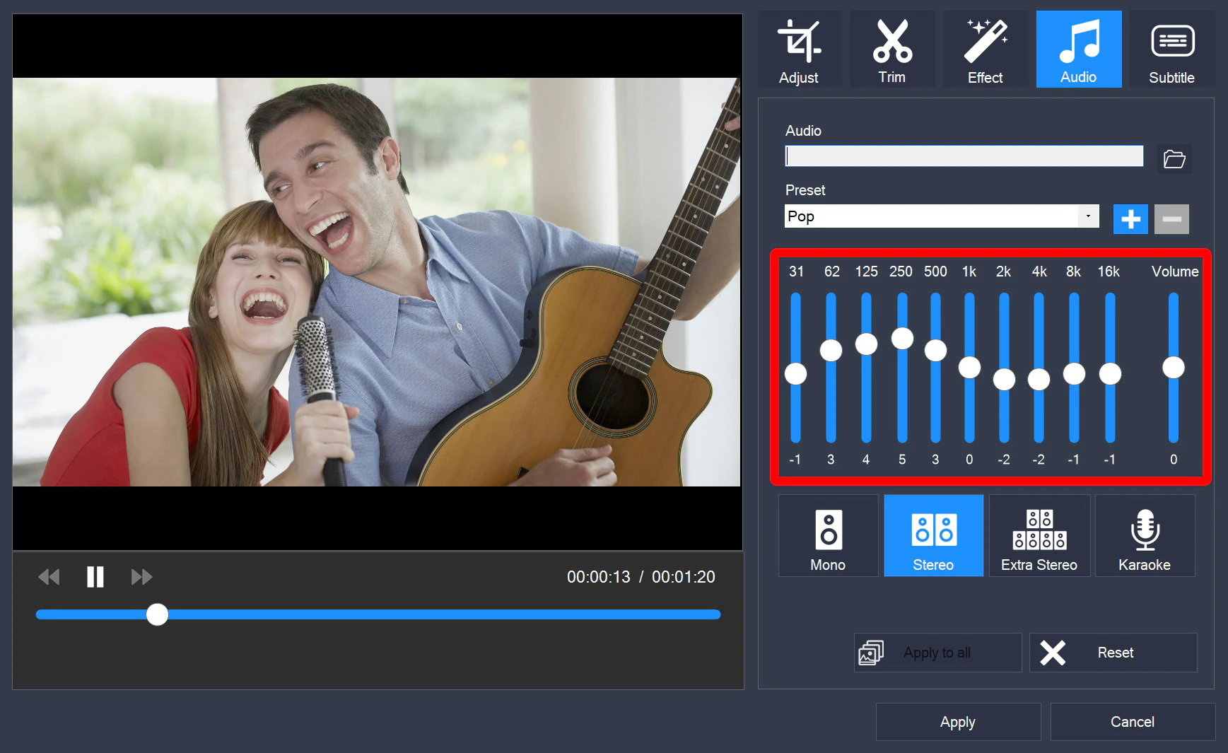 Editor on the Audio tab with the Pop preset and the equalizer sliders highlighted