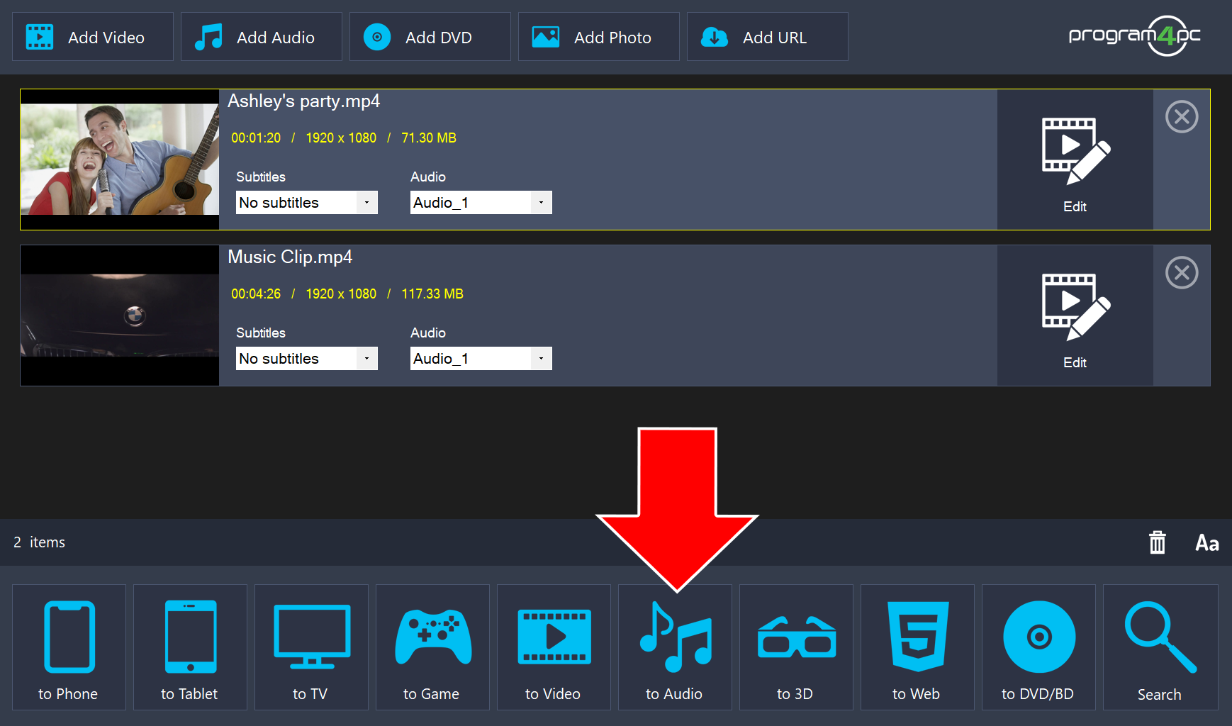 Two videos in the list and an arrow pointing to the to Audio button
