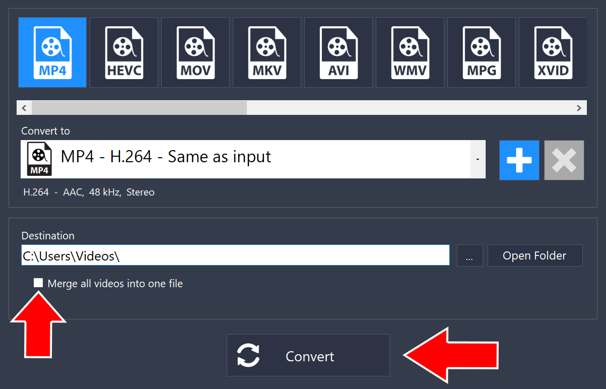 Output settings with arrows pointing to the Merge all videos into one file checkbox and the Convert button