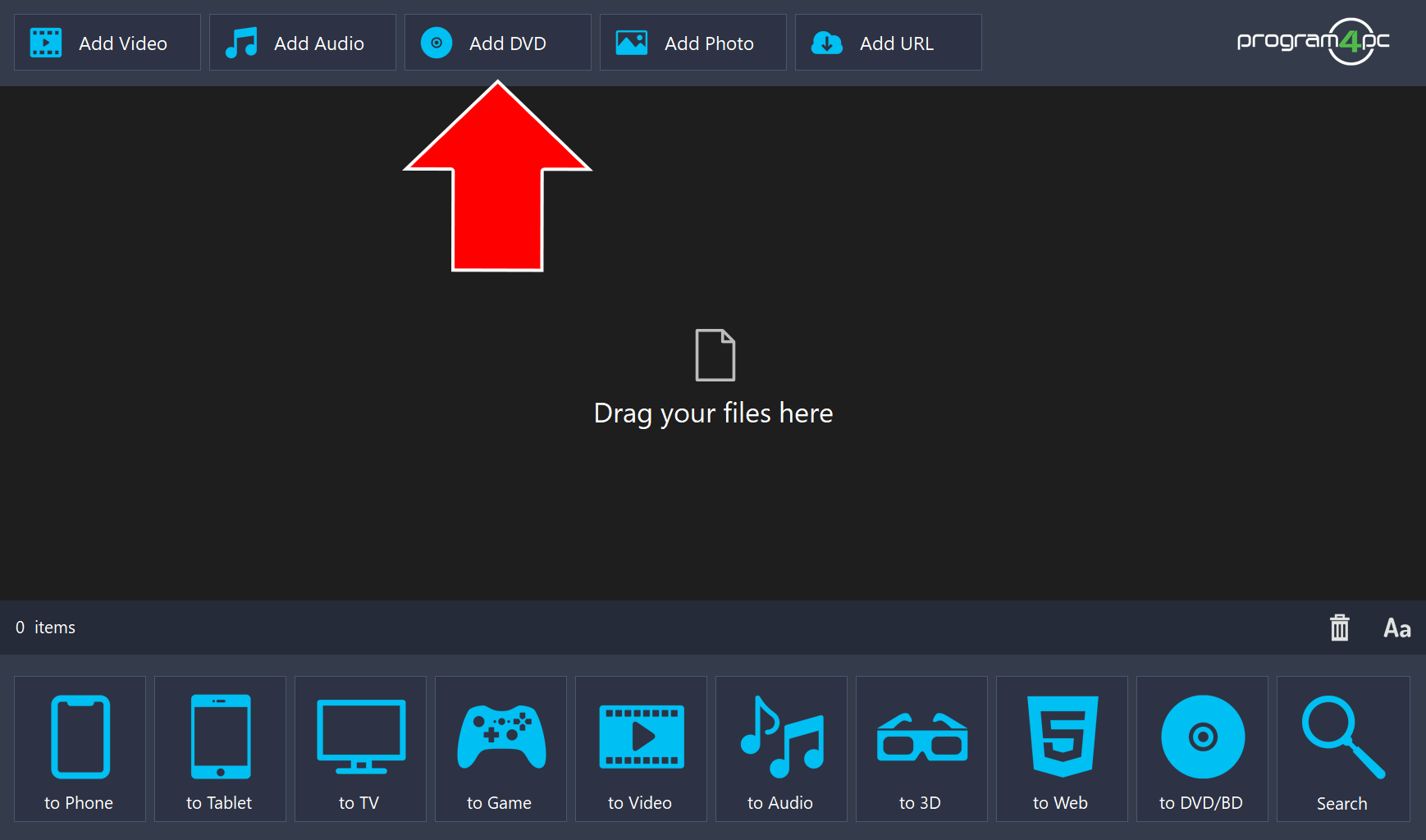 Video Converter Pro with an arrow pointing to the Add DVD button