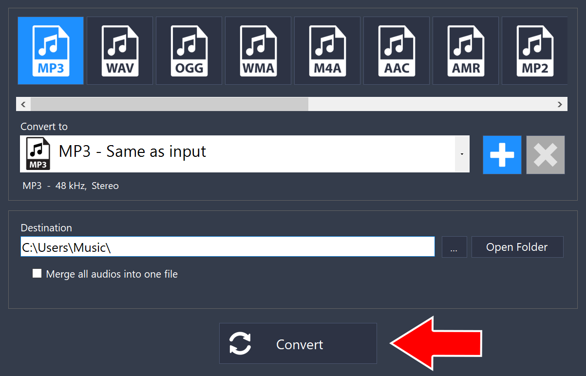 Output settings with MP3 selected, the Destination field, and an arrow pointing to the Convert button