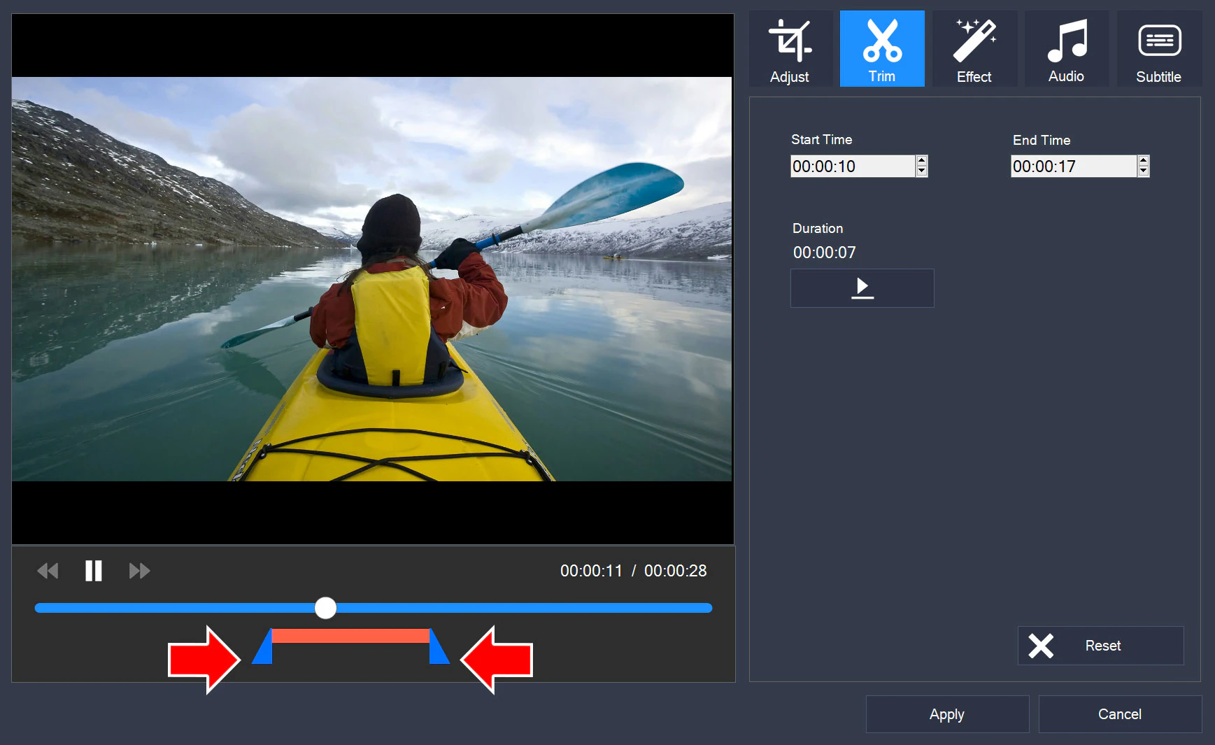 Editor on the Trim tab with arrows pointing to the two trim markers below the timeline